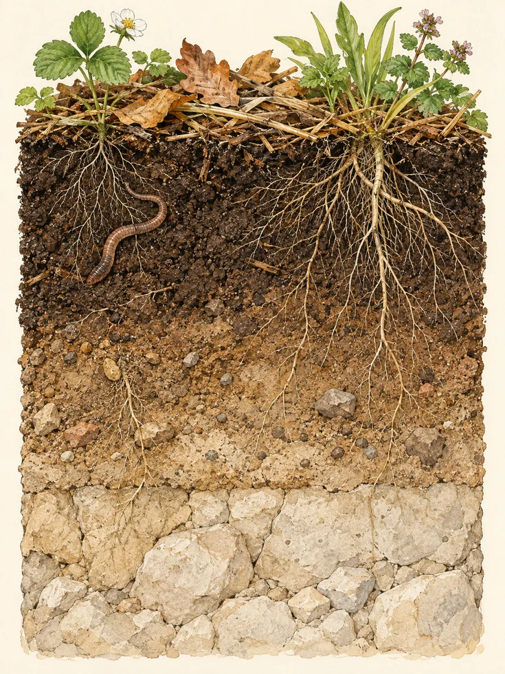 Illustrierter Querschnitt durch Mulch, humusreichen Oberboden, Mineralboden und Untergrund