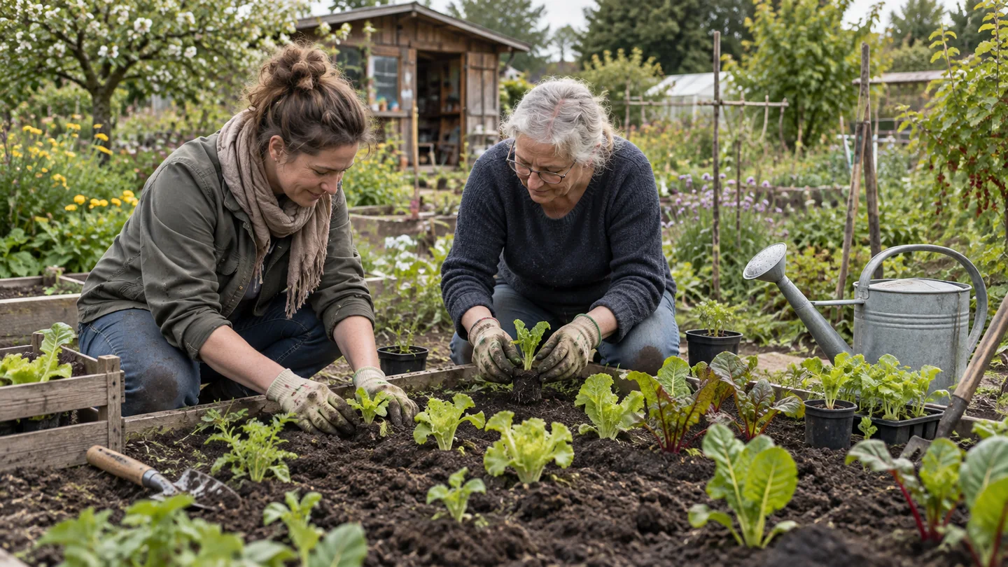 Zwei Frauen verschiedener Generationen pflanzen gemeinsam junges Gemüse in einem Gartenbeet